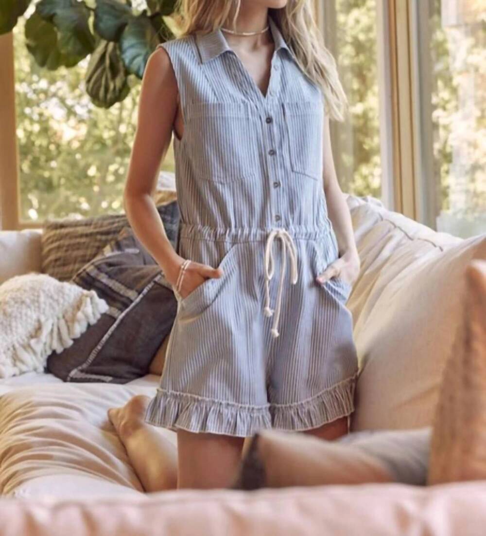 NEW IN FEBRUARY cotton button-front romper in light blue stripe